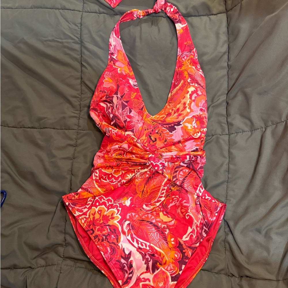 Ralph Lauren Red and Pink Halter One Piece Swimsuit